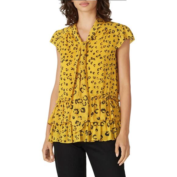 Nicole Miller Yellow Leopard Top Bow Neck Tie Blouse Cap Sleeve Ruffle Sz S - Picture 1 of 9